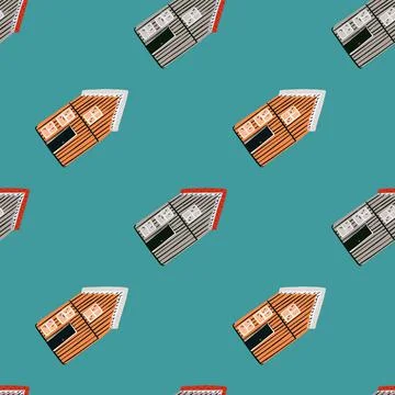 Scandi minimalistic seamless pattern with brown wood house elements. Blue bac Ilustración de archivo