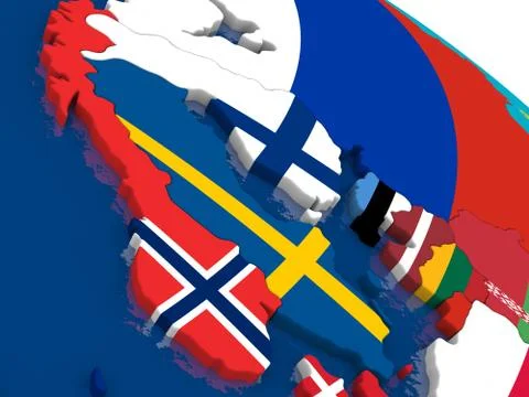 Scandinavia on 3D map with flags Stock Illustration