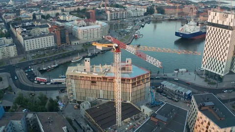 Scandinavia construction cranes in the evening Stock Footage 116120628