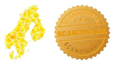 Scandinavia Map Mosaic of Golden Elements and Metal Scandinavia Stamp Stock Illustration
