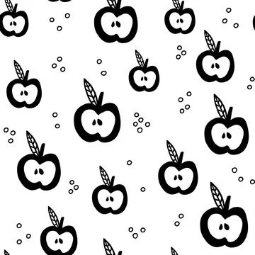 Scandinavian apple seamless pattern. Vector black and white monochrome scandi Stock Illustration