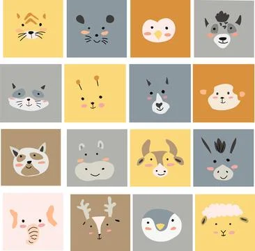 Scandinavian big set of simple animals portraits Stock Illustration