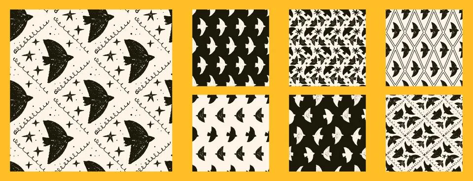 Scandinavian bird seamless pattern with crayon geometric silhouettes and folk Illustrazione stock