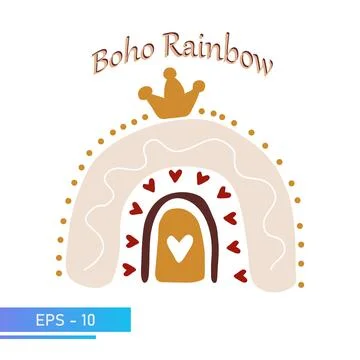 Scandinavian boho rainbow with crown in simple colors for nursery room decor Stock Illustration