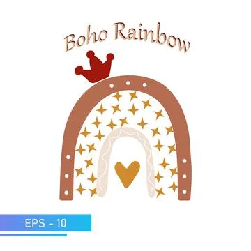 Scandinavian boho rainbow with red crown in simple soft colors for nursery room Stock Illustration