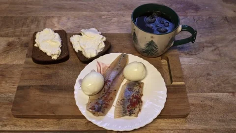 Scandinavian Breakfast With Herring Eggs And Hot Drink Stock Footage 325965231