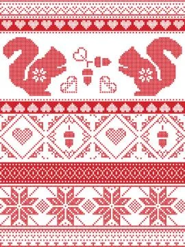 Scandinavian Christmas pattern with squirrel, acorns in cross stitch Stock Illustration