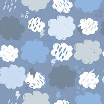 Scandinavian clouds seamless pattern. Hand drawn storm backdrop. Stock Illustration
