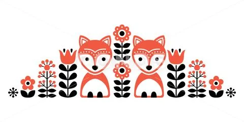 Scandinavian cute folk pattern with fox and flowers - Finnish inspired Stock Illustration