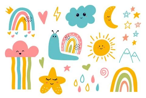 Scandinavian Cute Smiling Moon, Cloud, Star, Rainbow, Sun Stock Illustration