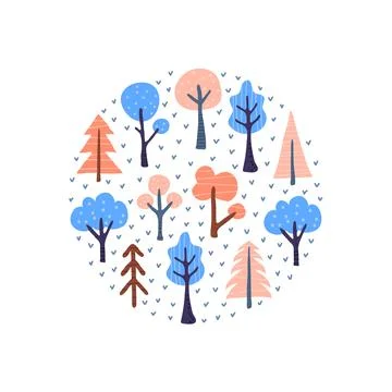 Scandinavian doodle trees in circle. Stock Illustration