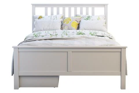 Scandinavian double bed with pattern linen and storage box. 3d render Stock Illustration