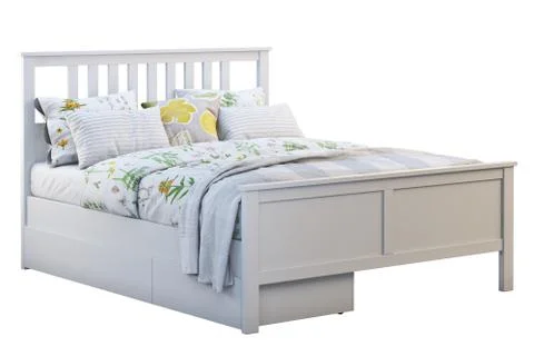 Scandinavian double bed with pattern linen and storage box. 3d render Stock Illustration