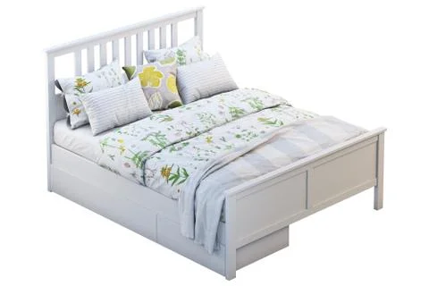 Scandinavian double bed with pattern linen and storage box. 3d render Stock Illustration