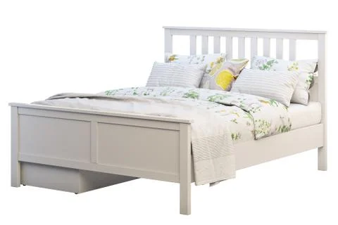 Scandinavian double bed with pattern linen and storage box. 3d render Stock Illustration