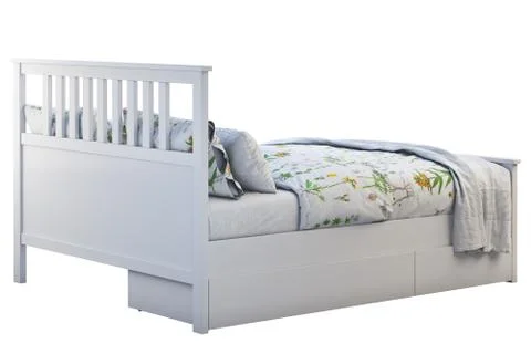 Scandinavian double bed with pattern linen and storage box. 3d render Stock Illustration