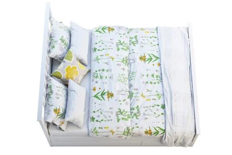 Scandinavian double bed with pattern linen and storage box. 3d render Stock Illustration