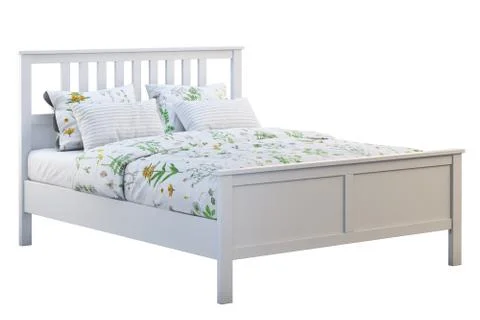 Scandinavian double bed with pattern linen. 3d render Stock Illustration