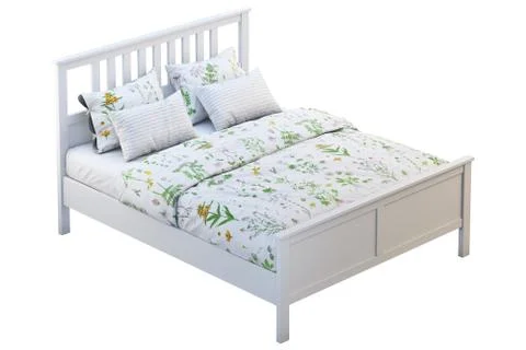 Scandinavian double bed with pattern linen. 3d render Stock Illustration