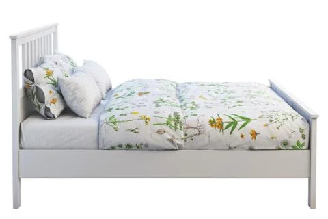 Scandinavian double bed with pattern linen. 3d render Stock Illustration