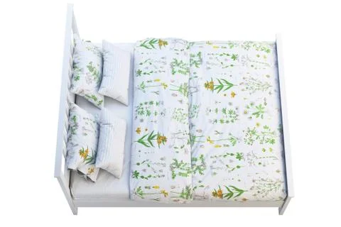 Scandinavian double bed with pattern linen. 3d render Stock Illustration