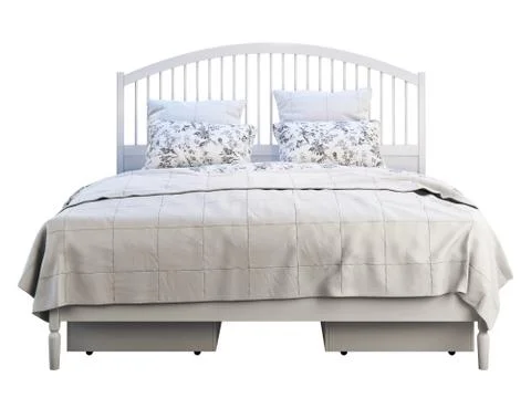 Scandinavian double bed with pattern linen and storage boxes. 3d render Stock Illustration