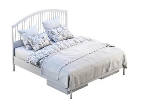 Scandinavian double bed with pattern linen and storage boxes. 3d render Stock Illustration