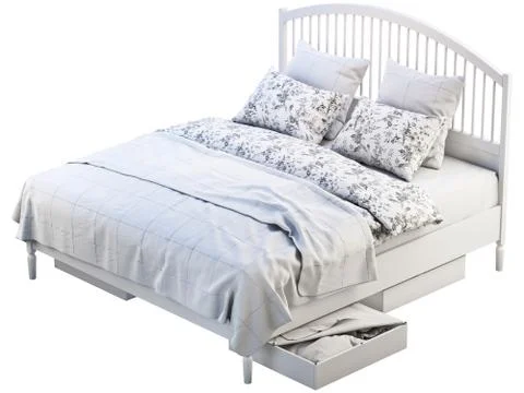 Scandinavian double bed with pattern linen and storage boxes. 3d render Stock Illustration