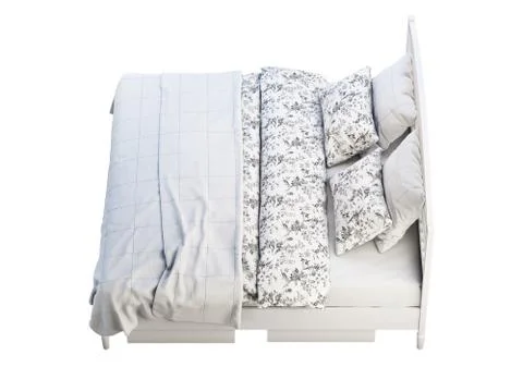 Scandinavian double bed with pattern linen and storage boxes. 3d render Stock Illustration