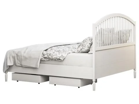 Scandinavian double bed with pattern linen and storage boxes. 3d render Stock Illustration