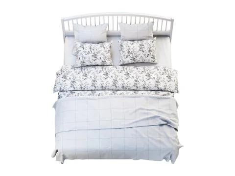 Scandinavian double bed with pattern linen and storage boxes. 3d render Stock Illustration