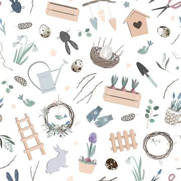 Scandinavian Easter seamless pattern with spring decor, hand made wreath, garden Stock Illustration