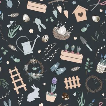 Scandinavian Easter seamless pattern with spring decor, hand made wreath, garden Stock Illustration