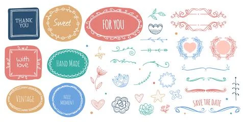Scandinavian elements. Cute wedding, hand made labels. Doodle dividers, hearts Stock Illustration