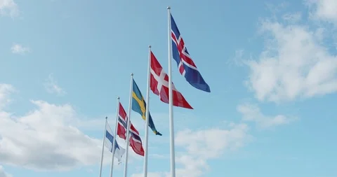 Scandinavian flags flap in wind on blue clear sky Video stock 122808856