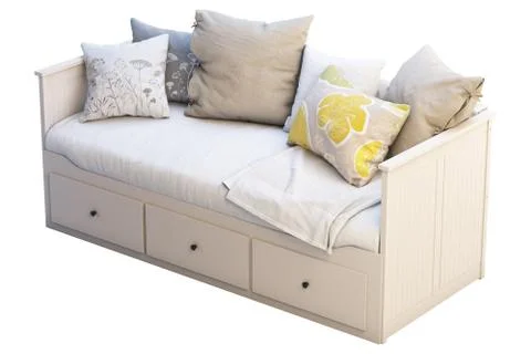 Scandinavian folding double bed with pillows and plaid. 3d render Stock Illustration