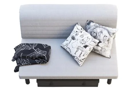 Scandinavian folding sofa bed with pillows and plaid. 3d render Stock Illustration