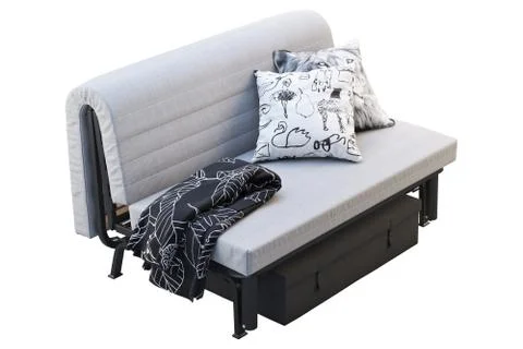 Scandinavian folding sofa bed with pillows and plaid. 3d render Stock Illustration