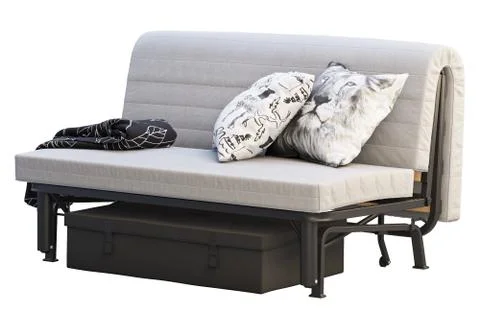 Scandinavian folding sofa bed with pillows and plaid. 3d render Stock Illustration
