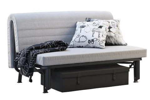 Scandinavian folding sofa bed with pillows and plaid. 3d render Stock Illustration