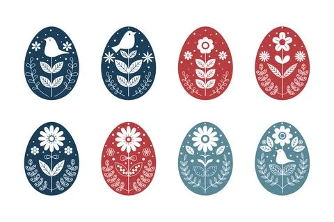 Scandinavian folk art Easter eggs set with floral ornaments and birds. Vect.. Illustrazione stock