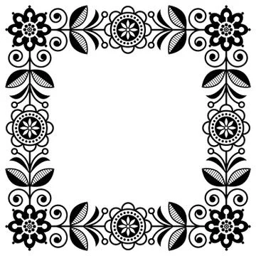 Scandinavian folk art vector frame, cute floral border, square pattern 스톡 일러스트