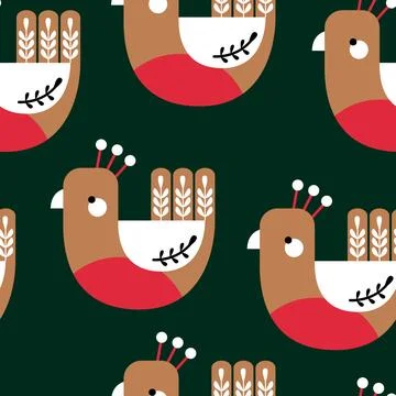 Scandinavian Folk Bird Seamless Pattern Traditional Nordic Christmas Holida.. Stock Illustration