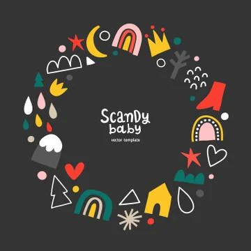 Scandinavian frame template for babies, vector border with copy space for your Stock Illustration