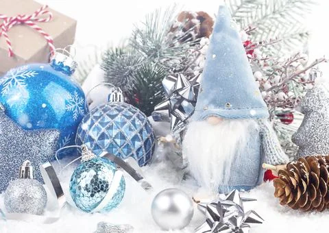 Scandinavian gnome and various Christmas toys on white background. In the for Stock Photos