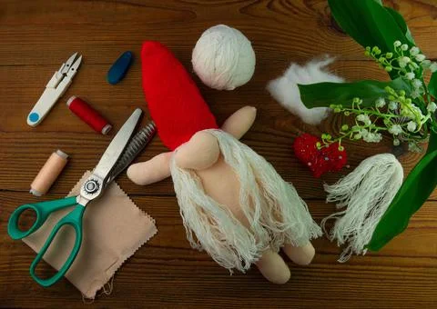 Scandinavian gnome making step by step handmade tutorial. Homemade fabric swe Stock Photos