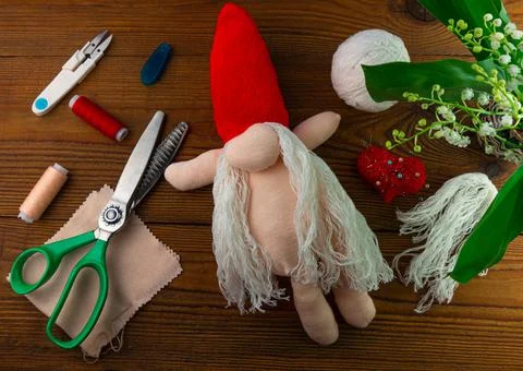 Scandinavian gnome making step by step handmade tutorial. Homemade fabric swe Stock Photos