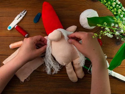Scandinavian gnome making step by step handmade tutorial. Homemade fabric swe Stock Photos