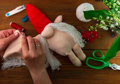 Scandinavian gnome making step by step handmade tutorial. Homemade fabric swe Stock Photos