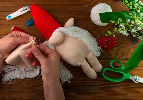 Scandinavian gnome making step by step handmade tutorial. Homemade fabric swe Stock Photos